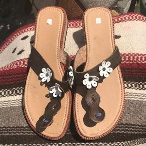 Mexican Sandals Slip On Floral Wedge Thongs Slides Boho Casual Neutral Hippie